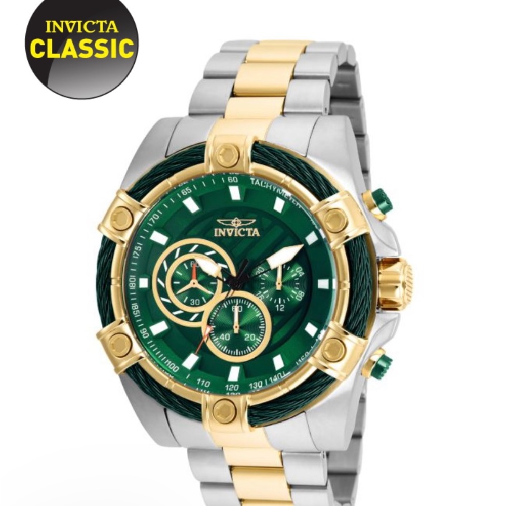 Invicta Classic Gold and Silver Watch with Green Dial